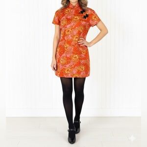 Vintage 1960s Cheongsam Mini Dress Orange and Pink Psychedelic Mandarin Collar L